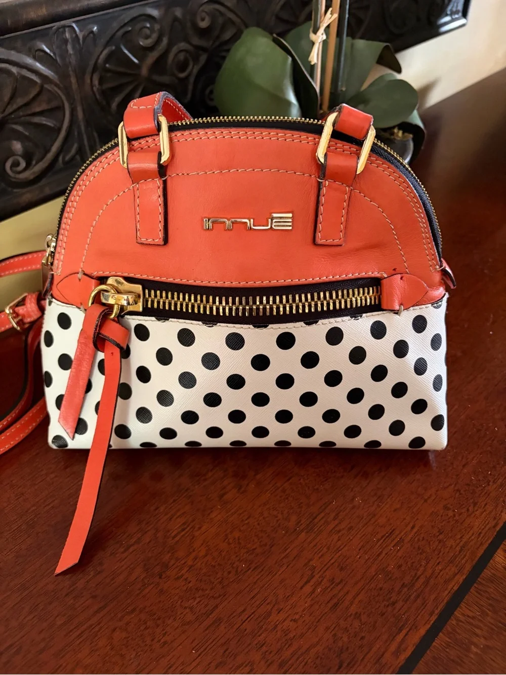Innue Beautiful Italian Leather Coral Polka Dot Mini Crossbody Bag